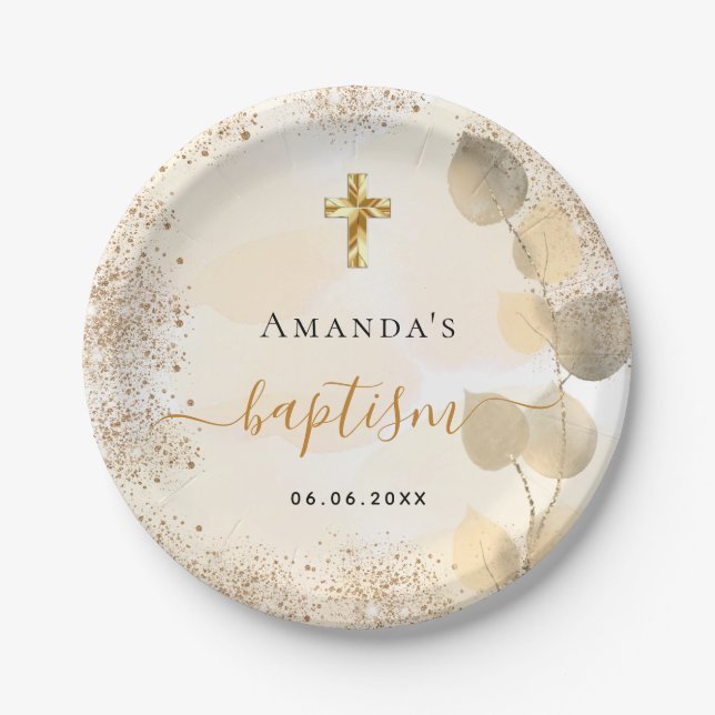 Baptism eucalyptus golden glitter monogram paper plate (Front)