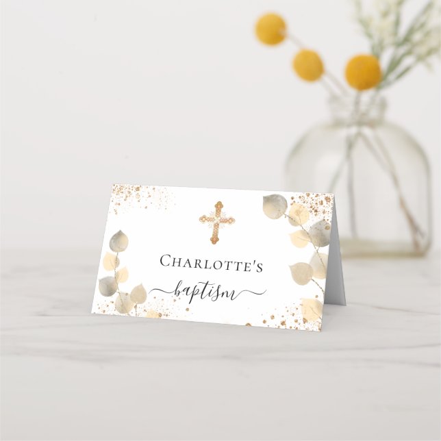 Baptism eucalyptus golden glitter sparkles place card (Back)