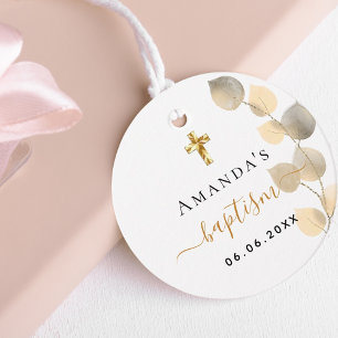 Baptism eucalyptus golden white cross favour tags