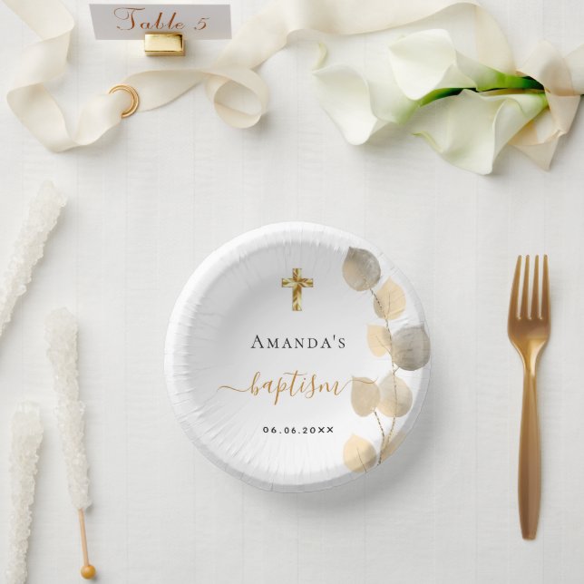 Baptism eucalyptus golden white elegant paper plate (Wedding)