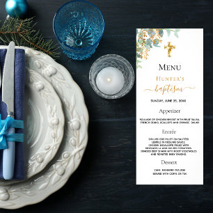 Baptism eucalyptus greenery cross menu card