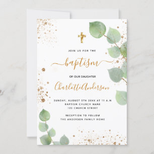Baptism eucalyptus greenery cross script invitation