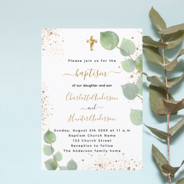 Baptism eucalyptus greenery cross script twins invitation (Creator Uploaded)