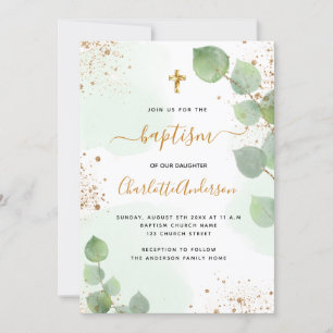 Baptism eucalyptus greenery glitter cross script invitation