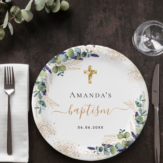 Baptism eucalyptus greenery glitter monogram paper plate (Creator Uploaded)