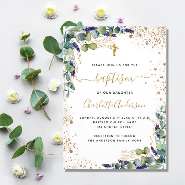 Baptism eucalyptus greenery gold cross script invitation postcard (Creator Uploaded)
