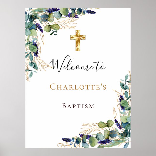 Baptism eucalyptus greenery gold cross welcome pos poster (Front)