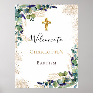 Baptism eucalyptus greenery gold cross welcome poster