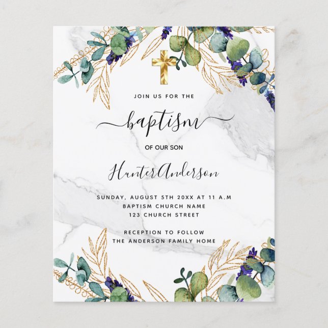 Baptism eucalyptus greenery marble invitation flyer (Front)