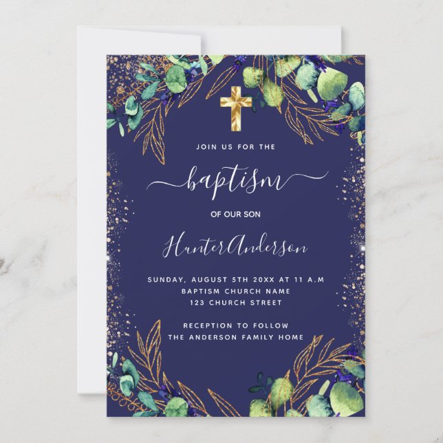Baptism eucalyptus greenery navy blue invitation (Front)