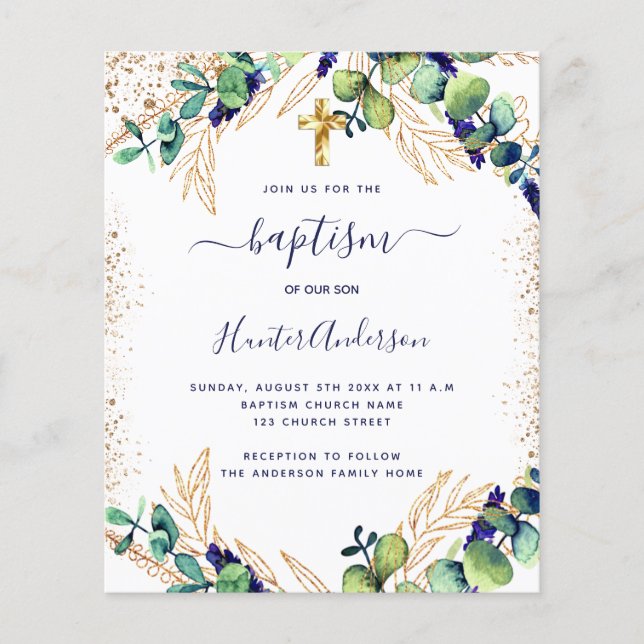 Baptism eucalyptus greenery navy blue invitation flyer (Front)