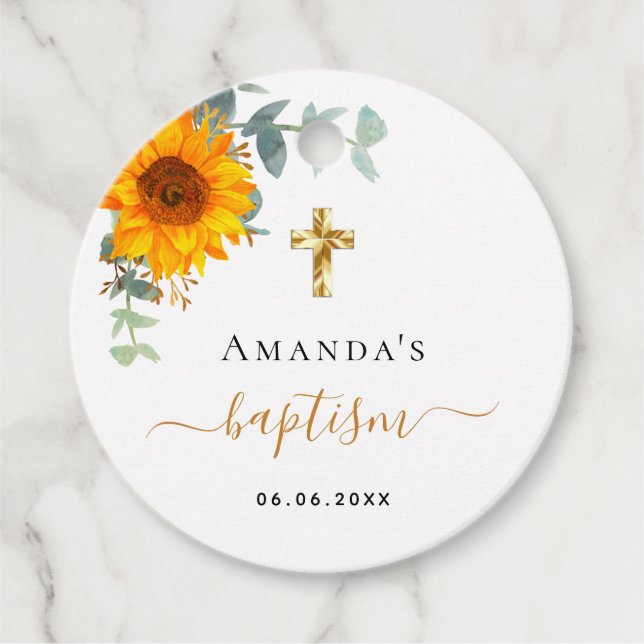 Baptism eucalyptus  greenery sunflower favour tags (Front)