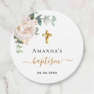 Baptism eucalyptus greenery white floral favour tags