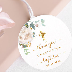 Baptism eucalyptus greenery white floral gold favour tags