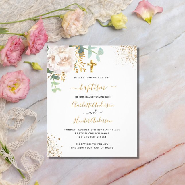Baptism eucalyptus twins floral budget invitation flyer (Creator Uploaded)
