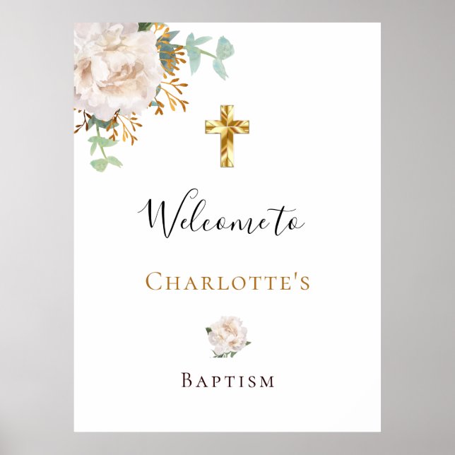 Baptism eucalyptus white floral gold cross welcome poster (Front)