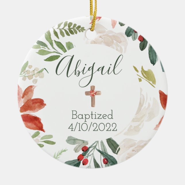 Baptism Faith Date Christmas Floral Ornament  (Front)