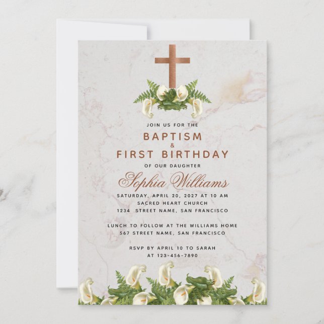 Baptism First Birthday Copper Cross Calla Lilies Invitation (Front)