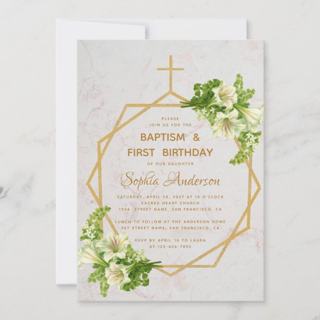Baptism & First Birthday Gold Lilies Marble Floral Invitation (Front)