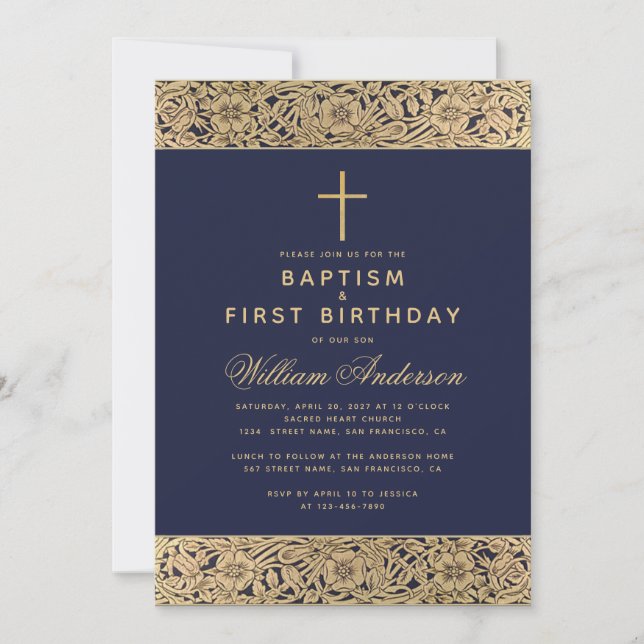 Baptism First Birthday Navy Blue Gold Roses Boy Invitation (Front)