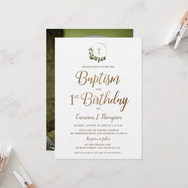 Baptism first Birthday Photo Wreath Gold Cross Invitation (Front/Back In Situ)
