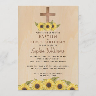 Baptism First Birthday Sunflower Wood Cross Rustic Invitation