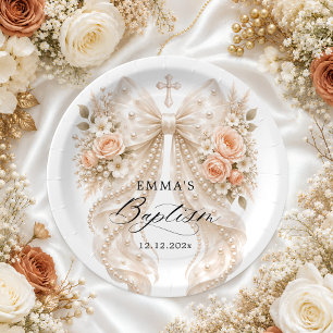 Baptism Floral Bow with Pearl Paper Plate