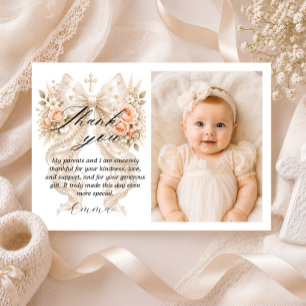 Baptism Floral Bow with Pearl Photo Flat Thank You Card