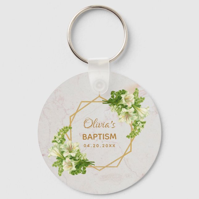 Baptism Floral Geometric White Lilies Gold Marble Keychain (Front)