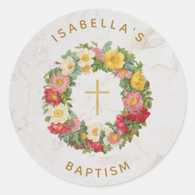 Baptism Floral Gold Cross Wild Rose Wreath Marble Classic Round Sticker (Front)