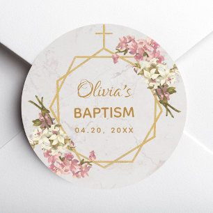 Baptism Floral Gold Pink Orchids Marble Geometric Classic Round Sticker