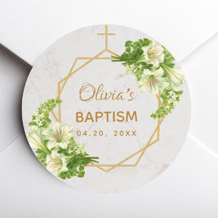 Baptism Floral Gold White Lilies Marble Geometric Classic Round Sticker