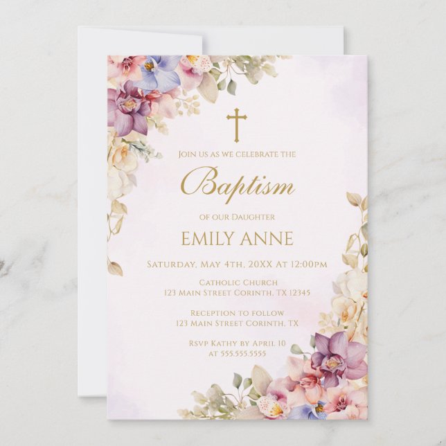 Baptism Floral Orchids Invitation (Front)