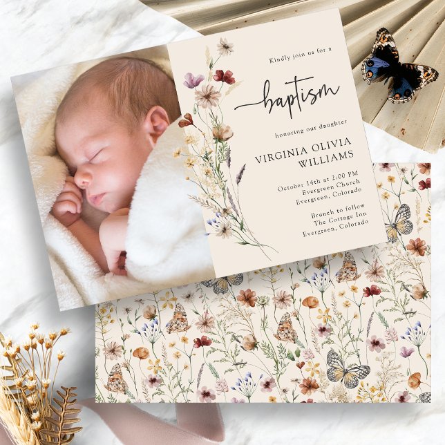 Baptism Floral Photo Invitation (Boho Baptism Floral Photo Invitation by Painted Paperie
)