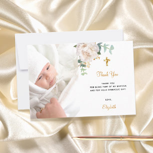 Baptism floral white gold photo thank you card