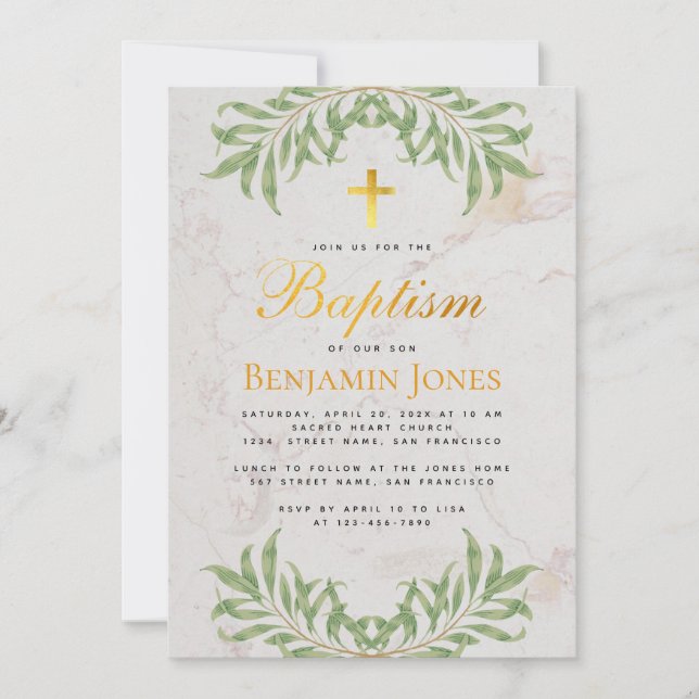 Baptism Foliage Faux Gold Cross Calligraphy Marble Invitation (Front)