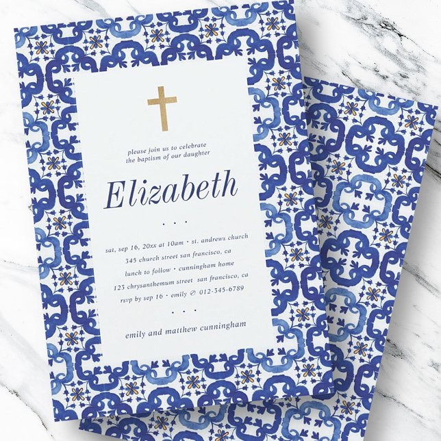 Baptism For Her Blue and White Mediterranean Tiles Invitation (Creator Uploaded)