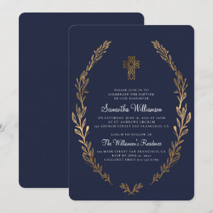 Baptism For Her Faux Gold Foliage Blue Invitation