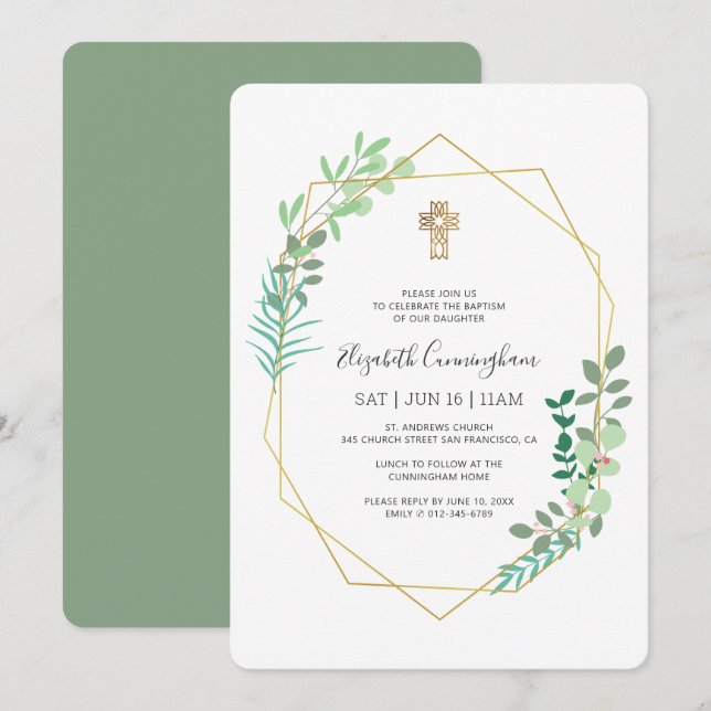 Baptism For Her Geometric Foliage Gold Cross Invitation (Front/Back)