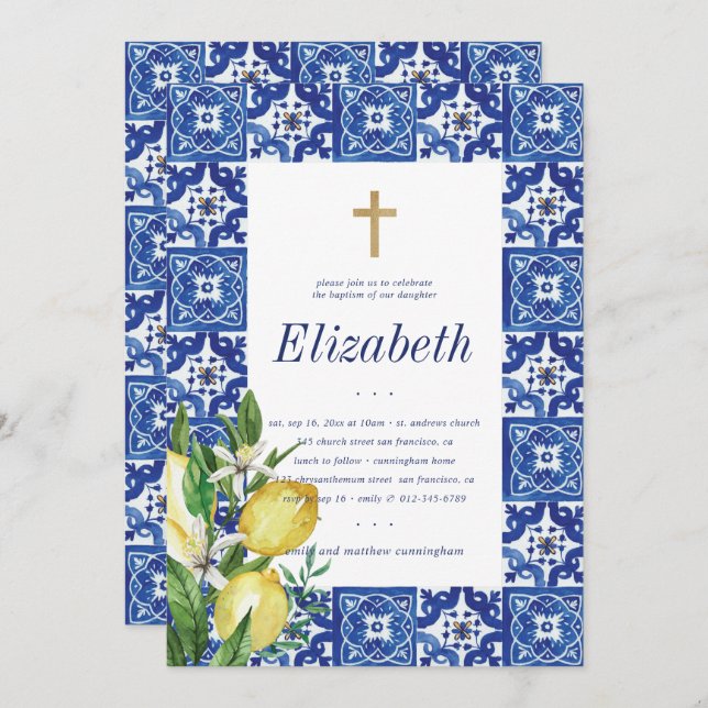 Baptism For Her Lemon Foliage Mediterranean Tiles Invitation (Front/Back)