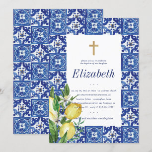 Baptism For Her Lemon Foliage Mediterranean Tiles Invitation