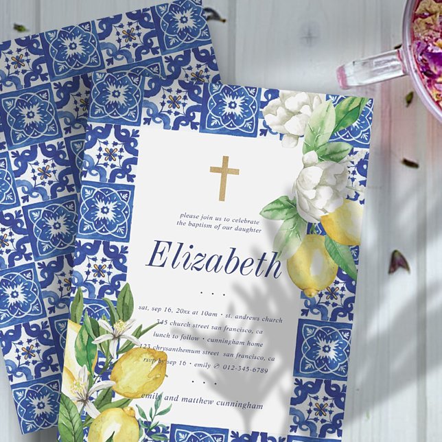 Baptism For Her Lemon Foliage Mediterranean Tiles Invitation (Creator Uploaded)