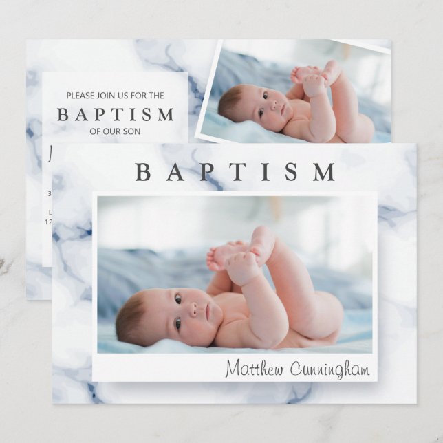 Baptism For Him Modern Marble Invitation (Front/Back)