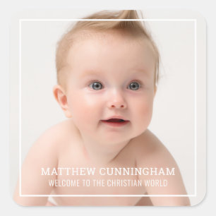 Baptism For Him   Modern Simple Frame Custom Photo Square Sticker