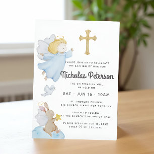 Baptism For Him Watercolor Angels and Cross Invitation