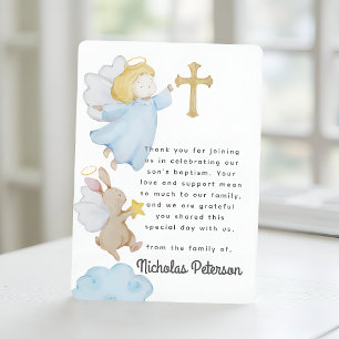 Baptism For Him Watercolor Angels and Cross Thank You Card