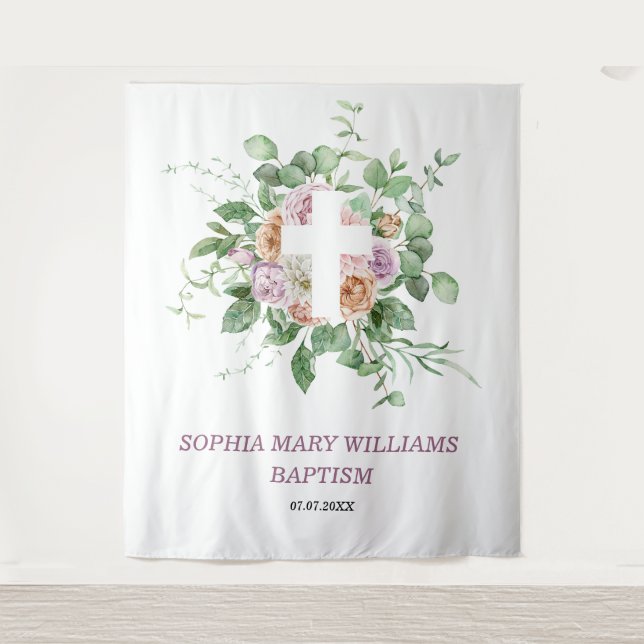 Baptism Girl Backdrop - Romantic Flowers & Cross Tapestry (Front)