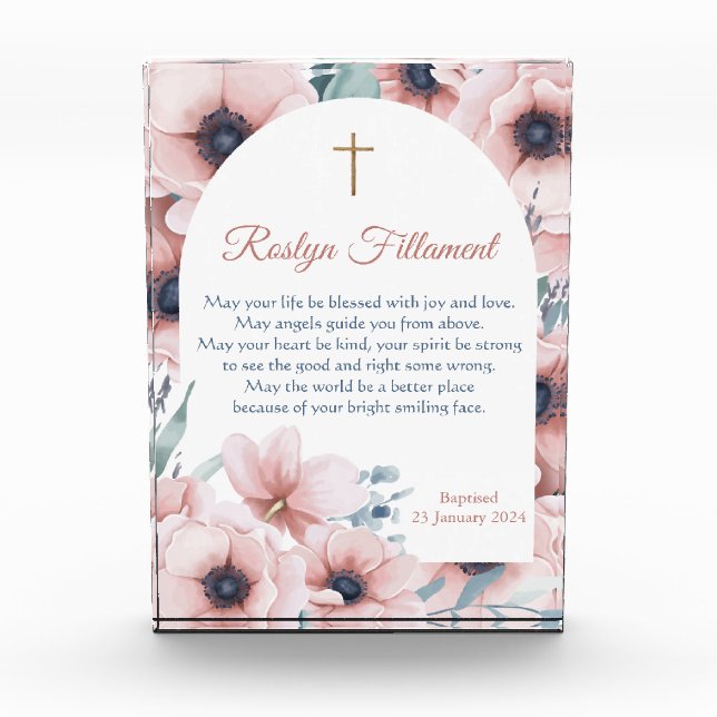 Baptism Girl Big Pink Flowers Around Border Photo Block (Front)