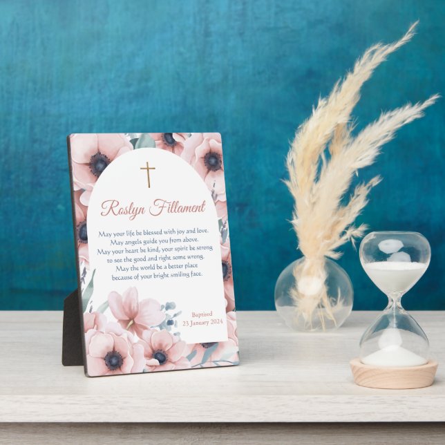 Baptism Girl Big Pink Flowers Around Border Plaque (Side)