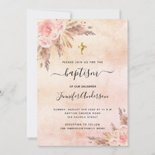 Baptism girl boho pampas grass rose gold pink invitation